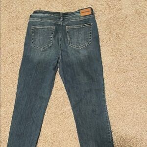 Blue Straight Leg Jeans with Faded Wash and Contrasting Stitching